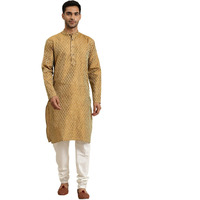Sojanya (Since 1958 Men's Jacq Silk Mustard Self Design Kurta & Off-White Churidar Pyjama Set