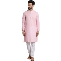 Sojanya (Since 1958 Men's Cotton Blend Pink Checked Kurta And White Churidar Pyjama Set