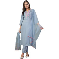 Stylum Women's Solid & Embroidered Italian Crush Straight Kurta Pant Dupatta Set (Kpdskyvooma42_Sky Blue, Xl)