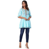 Digital Shopee Rayon Embroidery Short Flair Frock Regular Kurti | Kurta For Women Girls (Large, Turquoise)