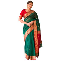 Flosive Women's Mix Color & Golden Kanjivaram Wedding Saree With Blouse (Green G)