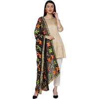 Weavers Villa Punjabi Hand Embroidered Phulkari Faux Chiffon Black Dupatta, 2.25 Mtrs