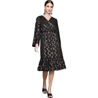 Ishin Women's Knee Length Polyester Self Design Geometric Black Wrap Dress Drkgzi-18066_Xs_Black