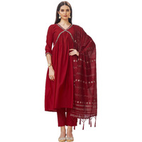 Womanista Women's Red Alia Cut Stone Work Kurtaset With Dupatta(Kurtaset_1184B_S)