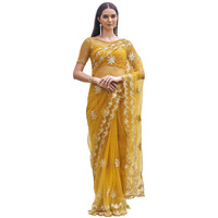 Womanista Women's Women Net Saree Ll Women Embroidered Saree Ll Women Yellow Saree Ll Un-Stitched Blouse Saree