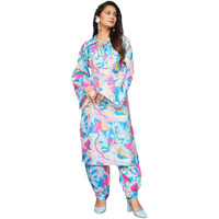 Gufrina Elegant Women's Floral Printed Kurta Pant Set | V-Neck, 3/4 Sleeve Cotton Ensemble (Sky Blue Xl)