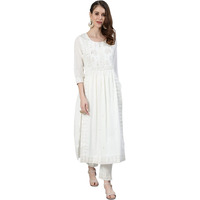 Ishin Women's Off White Zari Embroidered High Slit Kurta Set With Trouser