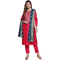 Ishin Women's Pink Embroidered A-Line Kurta Set With Trouser And Dupatta