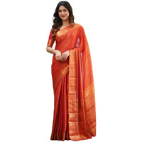 Flosive Mix Color & Gold Zari Woven Kanjivaram Saree With Blouse (Orange)