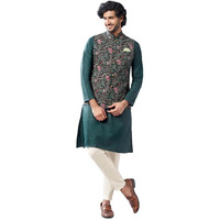 Kisah Kurta Jacket Set For Men  Printed Pure Cotton Ethnic Set With Trouser | Traditional Indian Outfit For Weddings, Festive & Semi-Formal Wear, Black, 40