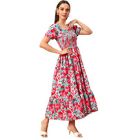 Kzully Women's Rayon Smocked Midi Dress (1003-Pink-L_Pink