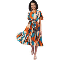 Kzully | Chic Elegance A-Line Dress With V-Neck, Pleats, Printed Top, And Belt Detail For Women Yellow