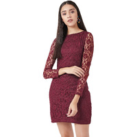 Miss Chase Women's Maroon Round Neck Full Sleeves Lace Bodycon Mini Dress (Mcs14D02-17-64_Maroon_S)