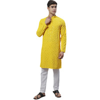 Jompers Men's Chikankari Embroidered And Sequence Kurta With Pyjama (Yellow, S)