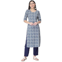 Pinkmint Women's Printed Crepe Straight Kurta And Pant Set Blue