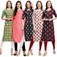 Pinkmint Crepe Digital Printed Kurti For Womens Straight Kurti For Women (Pack Of 5)