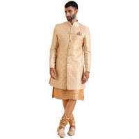 Kisah Men's Indo-Western Kurta Sherwani Churidar Set, Gold Jacquard, Woven Design Regular Fit Mandarin Collar Long Sleeves (40)