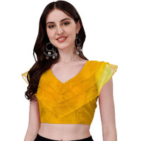 Pujia Mills Women's V Neck Orgenza Three Layer Ruffle Sleeve Frill Readymade Saree Blouse
