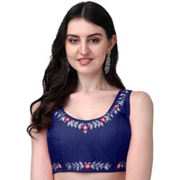 Pujia Mills Women's Silk Flower Embroidery Work Sleeveless Readymade Saree Blouse (Gk 51_Navy Blue_38)