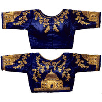 Pujia Mills Women's Multicolor Heavy Hand Embroidery Taj Mahal Design Work Khatli Work Phantom Silk Readymade Saree Half Sleeve Blouse (Mum Taj Blouse_Navy Blue 38)