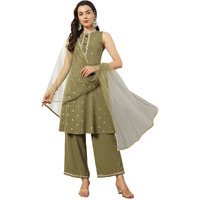 Fiorra Women's Mehndi Green Crepe Kurta And Palazzo With Matching Dupatta Set0149
