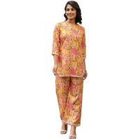 Greciilooks Women's Rayon Printed Regular Kurta Set (Gl-W2131&Tr1098_Yellow_2Xl)