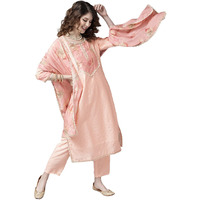 Ishin Women's Silk Blend Peach Yoke Design Embroidered A-Line Kurta Set With Trouser And Dupatta