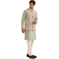 Sojanya (Since 1958 Men's Cotton Linen Sea Green Kurta And White Pyjama With Cream Cotton Nehru Jacket