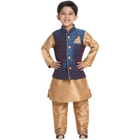 Vastramay Boys' Deep Blue Cotton Silk Blend Boys Nehru Modi Jacket Kurta & Pyjama Set - (Vasnbj009Bunbkrg001Nprg) For 5-6 Years