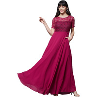 Miss Chase Women's Dark Pink Round Neck Half Sleeve Solid Lace Overlaid Maxi Dress (Mcaw21D06-32-23-03, Dark Pink, S)