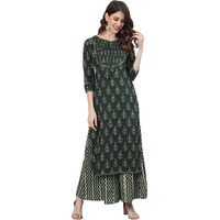 Ishin Women's Pure Cotton Printed A-Line Kurta Suit Set With Palazzo Emkplpmmp-3012_L_Green