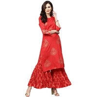 Ishin Women's Rayon Red Foil Printed With Sequin Work A-Line Kurta Sharara Set