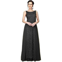Patlani Women's Net Embroidery Aline-Flered Gown Dress For Women Full Stitched Gown Ready To Wear.(All Over-Black-M)
