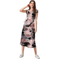 Om Sai Latest Creation Women's Tai-Dye Printed Mesh High V-Collar Neck Tunic Western Dress(Blue_L) (Xx-Large, Brown)