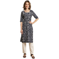Pinkmint Women's Crepe Navy Blue Floral Printed Straight Kurti (530388-M)