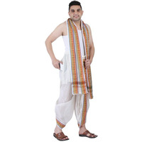 Prakasam Cotton Men's Stitched Panchakacham (Ready To Wear) Dhoti Towel Set With Pocket- Free Size. (Half White-1)