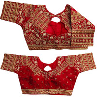 Pujia Mills Women's Silk Half Sleeve Readymade Embroidery Multi Coding Gold Thread Indian Ethnic Designer Stitched Saree Blouse Red Color For Saree Lehenga Choli 38