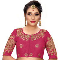 Pujia Mills Women's Multicolor Phantom Silk Floral Embroidery Checks Readymade Saree Blouse (Checks Blouse_Gajari_38 Size+ Margin)