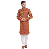 Jompers Men Green Jacquard Woven Design Kurta Pyjama. (Maroon, S)
