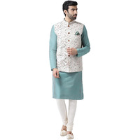 Kisah Men Green White Printed Kurta With Churidar, Full Sleaves, Knee Length, Straight, Regular Fit, Mandarin Collar Ethnic Wear-46