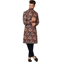 Kisah Men's Cotton Blend Long Sleeves Regular Fit Printed Multi Kurta Trousers Set (L)