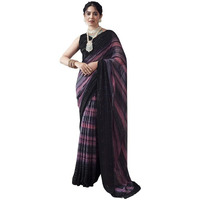Satrani Women's Georgette Glitter Zari Stripe Printed Saree With Unstitched Blouse Piece (3498S726N_Black & Gray & Pink)