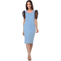 Lookmark Women's Lycra Blue Knee Length Western Dress || Short Dress || Midi Dress(New-Sd624-M)