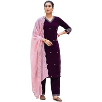 Sanisa Women's Velvet Sequins Embroidery Straight Kurta With Pant And Dupatta Set (218Kbd2312N-Xxl_Wine)