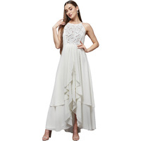 Miss Chase Women's Teal Round Neck Sleeveless Solid Embellished Maxi Dress (Small, Off White)