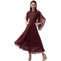 Miss Chase Women's Wine Solid Relaxed Fit Round Neck Flared Sleeve Maxi Dress (Mcss21D14-75-184-02,Wine,Xs)