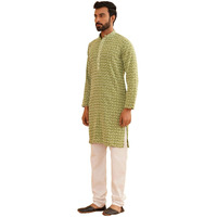 Sojanya (Since 1958 Men's Cotton Gold Embroidered Sequinned Pista Kurta With White Churidar Pyjama