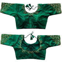 Pujia Mills Women's Silk Embroidery Sequence Work Half Sleeve Readymade Blouse (Green, 34)