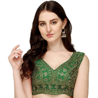 Pujia Mills Women's Silk Embroidery Sequins Zari Work Sleeveless Readymade Saree Blouse (Radha Krishna 11_Green_38)
