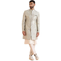 Kisah Men's Indo-Western Kurta Sherwani Trouser Set, Grey Jacquard, Woven Design Regular Fit Mandarin Collar Long Sleeves (44)